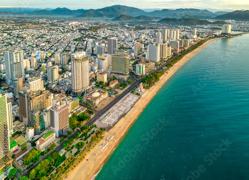 The coastal city of Nha Trang seen from above in the morning  beautiful coastline. This is a city that attracts to relax in central Vietnam
