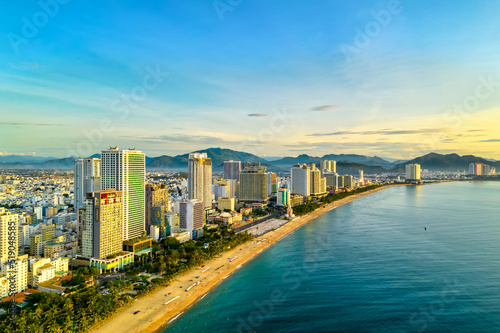 The coastal city of Nha Trang seen from above in the morning, beautiful coastline. This is a city that attracts to relax in central Vietnam