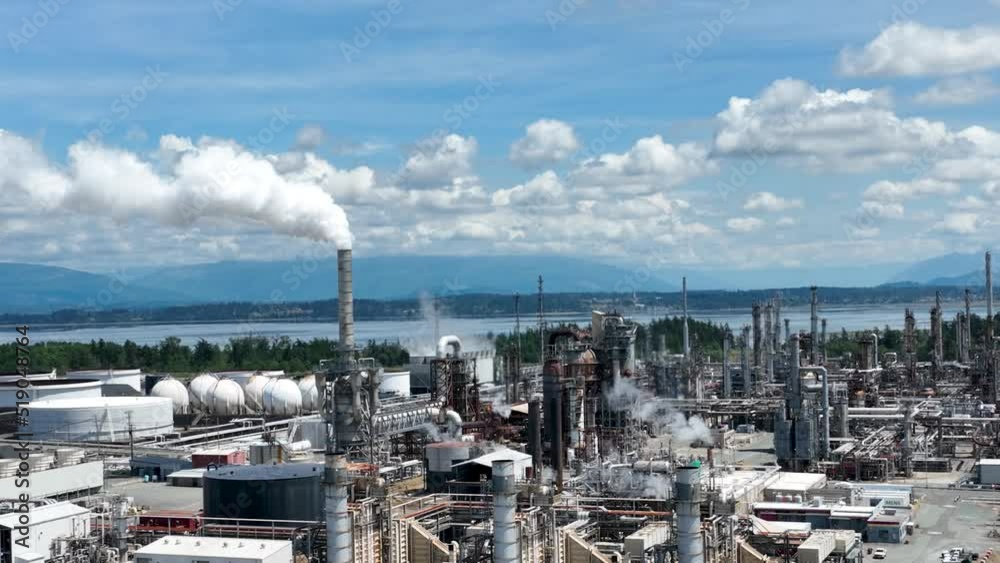 Aerial shot of an oil refinery in action. Aerial shot of an oil refinery in action.