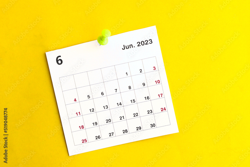 june calendar 2023 on a yellow background. - obrazy, fototapety, plakaty 
