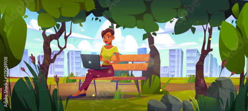 Woman freelancer with laptop work in city park. Female character sitting on wooden bench with green plants and trees at cityscape view with houses. Outdoor freelance job Cartoon vector illustration