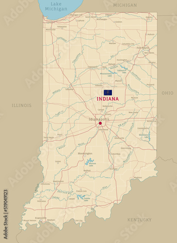 Road map of Indiana, US American federal state. Editable highly detailed transportation map with highways and interstate roads, rivers and cities realistic vector illustration