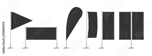 Black vinyl flags and set banners on metallic pole. Vector realistic template of fabric promotion posters, advertising striped canvas pennants hanging on metal frame and stand
