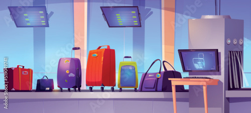 Airport conveyor belt with baggage riding through scanner. Luggage xray control, security checkpoint area with schedule displays and wide window with landing plane, Cartoon vector illustration