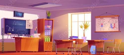 Physics classroom interior, school class with student desks, lesson equipment on teacher table, blackboard with graphs, cupboard with textbooks, poster, studying room Cartoon vector illustration