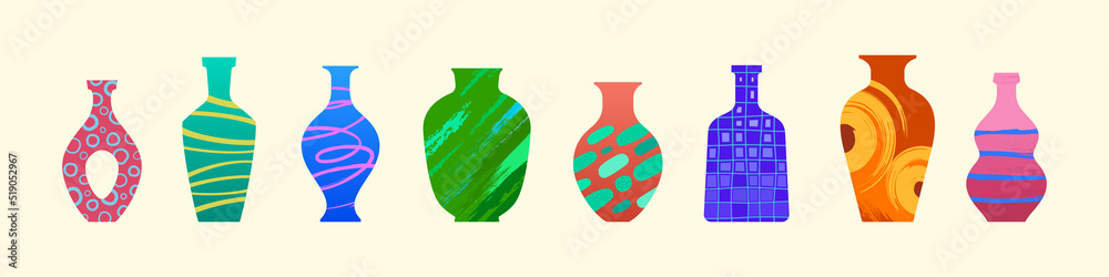 Contemporary ceramic vases, modern jugs, pots. Decorative elements, collection for interior design. Home decoration, porcelain pottery with colorful paintings. Cartoon vector illustration, icons set Contemporary ceramic vases, modern jugs, pots. Decorative elements, collection for interior design. Home decoration, porcelain pottery with colorful paintings. Cartoon vector illustration, icons set