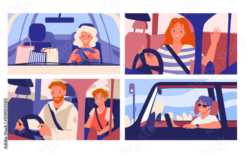Set of driving people in personal car. Driver and passenger seat, private auto transportation, urban city commuting, women riding vehicles, daily road trip vector illustration