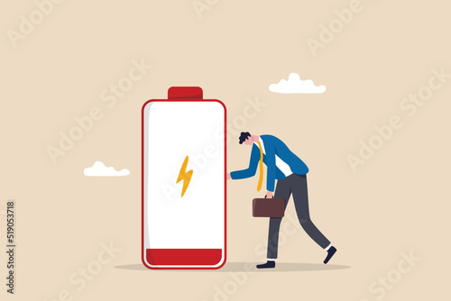 Exhausted and fatigue from hard work, stressed or anxiety from unhealthy work or depression and burnout, low energy or motivation concept, fatigue and tired businessman stand with low battery sign.