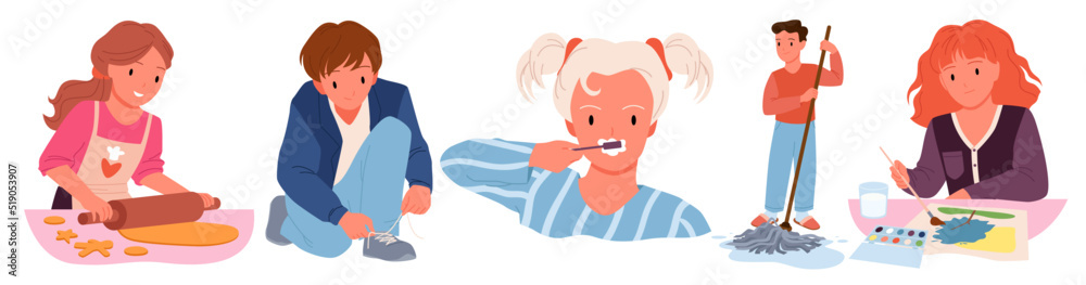 Daily kids routine scenes set vector illustration. Cartoon isolated school boy and girl brushing teeth in morning, tying shoelaces, making cookies in kitchen, painting creative picture with paint Daily kids routine scenes set vector illustration. Cartoon isolated school boy and girl brushing teeth in morning, tying shoelaces, making cookies in kitchen, painting creative picture with paint