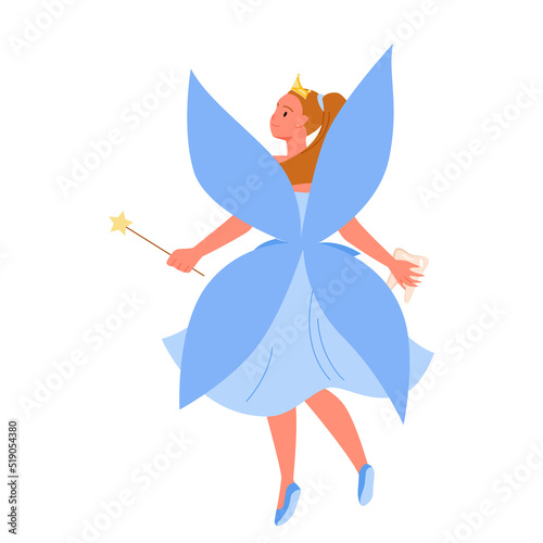 Magical tooth fairy carrying tooth. Dental princess collecting fallen out teeth, childhood fairytale, night myth, flying fairy in dress and crown, teeth care hygiene vector illustration