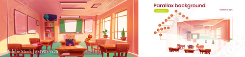 School classroom interior with chalkboard, tables and chairs. Vector parallax background ready for 2d animation with cartoon illustration of empty class room with white poster on blackboard