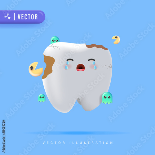 Tooth Character Cries Because of Germs. Tooth Decay Vector Illustration for Children Dental Clinic Poster Template Design. Cracked or Broken Teeth Illustration.