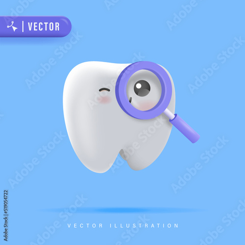 Happy Healthy Tooth Character with Magnifying Glass Vector Illustration. Clean and White Tooth Cartoon. Dentistry Clean White Tooth and Dentistry Instruments.Oral Hygiene, Teeth Cleaning