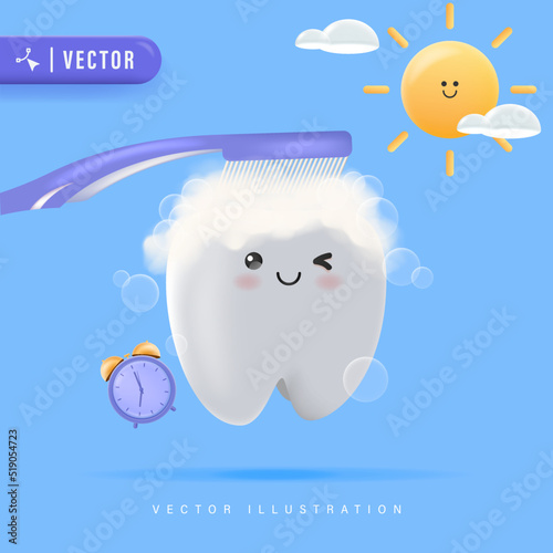 Happy White Tooth Cleaning with Brush Vector Illustration. Morning Routine Brushing Teeth Concept. Oral Hygiene Concept for Kids. Healthy Tooth Character. Cute Clean Tooth Cartoon Icon. 