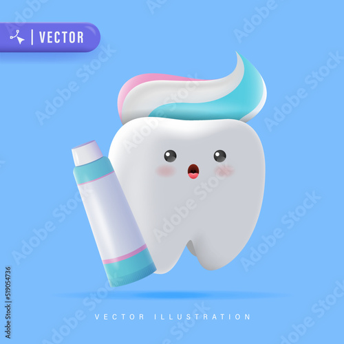 3D Cute Tooth Cartoon Character Illustration with Toothpaste on Top. Happy and Healthy Tooth Icon for Children Dental Clinic Poster Template Design. Dental Hygiene Concept