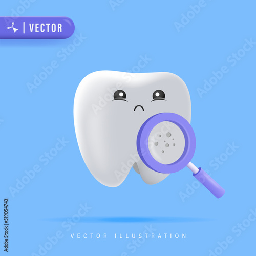 Dental Cavity Concept with Sad Tooth Because of its Cavity Vector Illustration. Cavity Tooth and Magnifying Glass for Children Dental Clinic Poster Design,