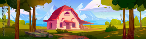 Country house with garden on river coast. Vector cartoon illustration of summer landscape with trees, lake, mountains on horizon and forester cottage with woodpile