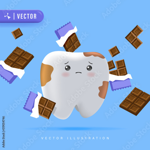 Tooth Decay Vector Illustration for Children Dental Clinic Poster Template Design. Cracked or Broken Teeth Illustration. Dental Plague Character