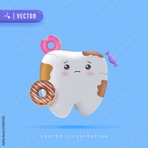 Tooth Decay Vector Illustration for Children Dental Clinic Poster Template Design. Cracked or Broken Teeth Illustration. Dental Plague Character