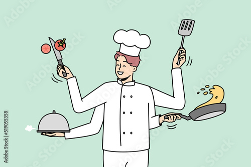 Smiling male chef in uniform with kitchen utensils multitasking at work. Happy confident man cooking with kitchenware. Vector illustration. 