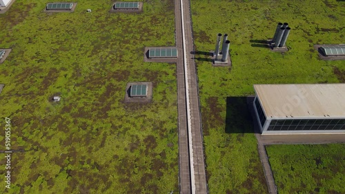 Aerial close up sliding shot of a green roof from Ford Rouge Electric Vehicle Center, Assemble the new F150 Lightening photo