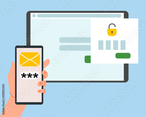 The concept of two-factor authentication security. Notification of login confirmation with a message to the phone. Smartphone in hand. Lock icons in the tablet account. Vector illustration