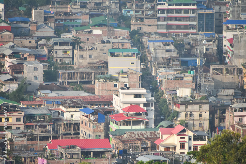 An aerial view of Imphal City from Imphal  view tower present at top of the Cheirao Ching hill.