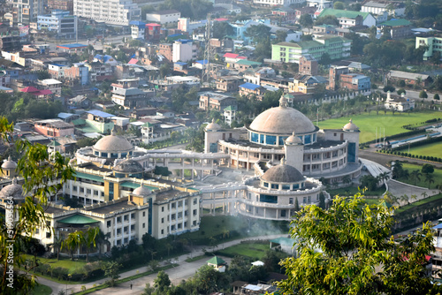 An aerial view of Manipur Assembly hall from Imphal view tower present at top of the Cheirao Ching hill.
