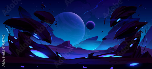 Fantastic space background with alien planet landscape at night. Vector cartoon illustration of planet surface with rocks, glowing blue spots, moons and stars in sky