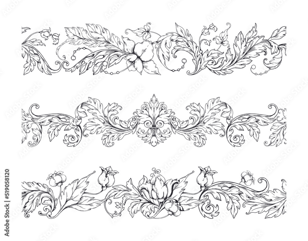 Baroque border frame. Floral victorian curve ornament set, elegant decoration motif with flowers, filigree and swirl ornate. Blooming blossoms and decorative leaves, vector seamless pattern