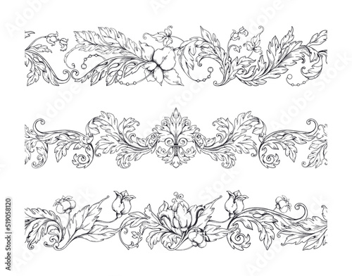 Baroque border frame. Floral victorian curve ornament set, elegant decoration motif with flowers, filigree and swirl ornate. Blooming blossoms and decorative leaves, vector seamless pattern