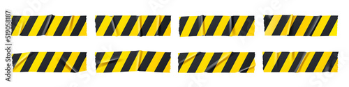 Adhesive tape pieces with black and yellow stripes. Vector realistic set of 3d ripped sticky warning ribbon for police barrier, construction band, caution label isolated on white background
