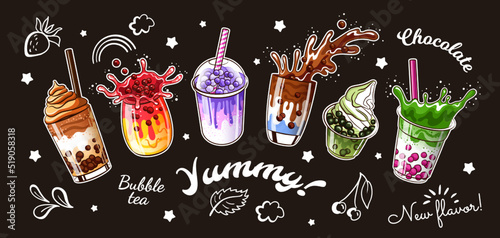 Bubble milk tea poster. Ice coffee cup, milkshake drink, food dessert chocolate mocha cream and cute smoothie on black background. Horizontal summer banner. Cartoon vector design