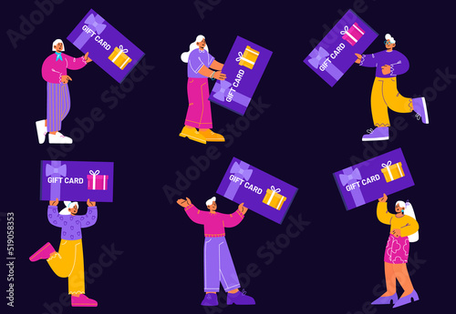 Happy people hold gift card, shopping certificates isolated on black background. Vector flat illustration of customers with vouchers and coupons with ribbon bow for pay in shop