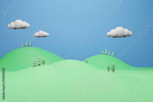Cartoon Cute Background 3D illustration Rendering  Mountain Cloud and tree in pastel color