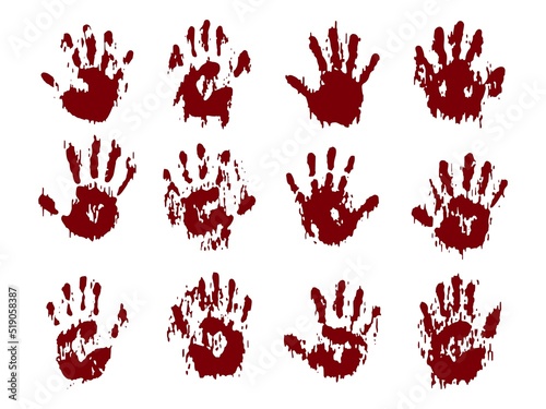 Zestaw rąk horror krwi. Przerażające krwawe odciski dłoni i morderstwa, ślady rozprysków, odciski palców przemocy lub kolekcja odcisków. Streszczenie brudu plamy krwi. Na białym tle na białym tle