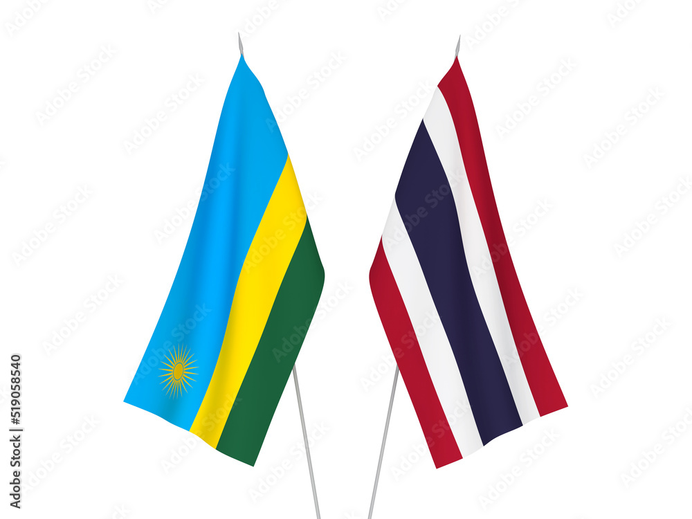 National fabric flags of Thailand and Republic of Rwanda isolated on white background. 3d rendering illustration. National fabric flags of Thailand and Republic of Rwanda isolated on white background. 3d rendering illustration.