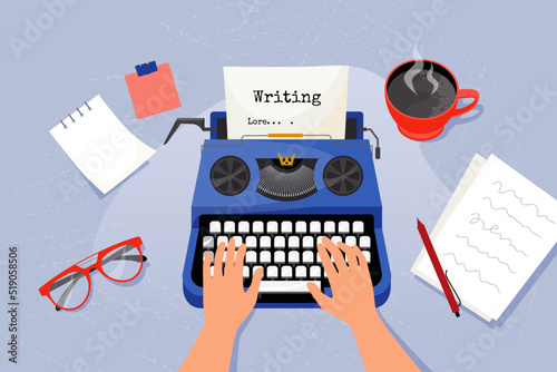 Author write article. Writer working, woman hand with letter and book, office desk for literature day, novel report, business diary. Novelist workplace. Vintage object. Cartoon vector background