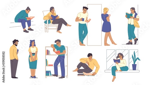 People read book. Student sit in library. Girl study at home. Women or men learn with textbooks. Cartoon characters leisure. Literature lover in armchair. Vector reader persons poses set