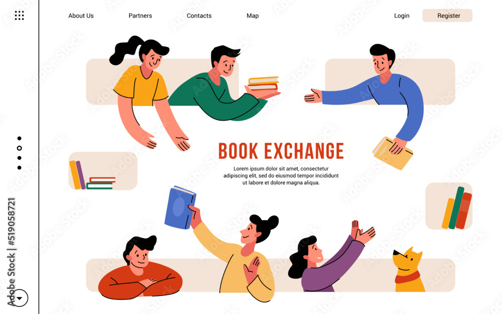 Book gift swap landing page. Library exchange or bookstore sale day. Website UI. Education festival. Literature public university. People read novels. Web banner vector illustration - obrazy, fototapety, plakaty 