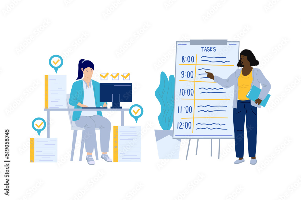 Time management. Business people planning office work and strategy. Tasks priority. Agenda control. Woman completed paperwork. Goals board. Effective workflow organizing. Vector concept