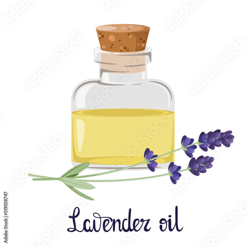 Glass bottle with lavender oil on a white background. Cartoon design.
