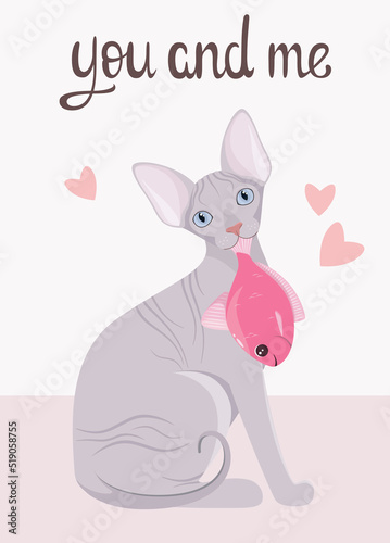 Cute sphinx cat with a fish. Funny postcard. You and me. Cartoon design. 