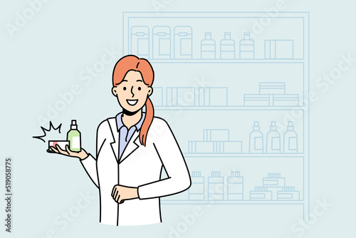 Female pharmacist with medication standing in drugstore. Woman medical specialist with drugs in pharmacy. Medicine and healthcare. Vector illustration. 