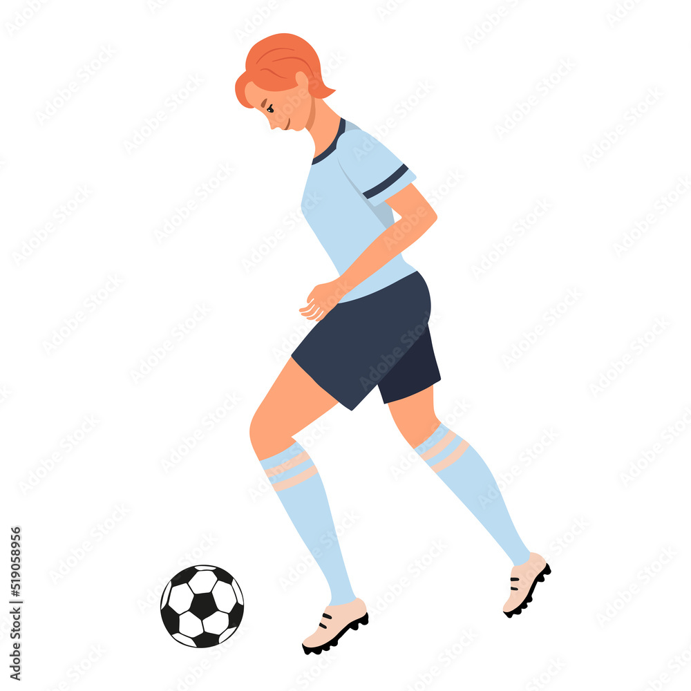Beautiful sporty girl soccer player running kicking a ball. Profile view. Woman playing football. Colorful female character isolated on white background. Vector illustration. 
