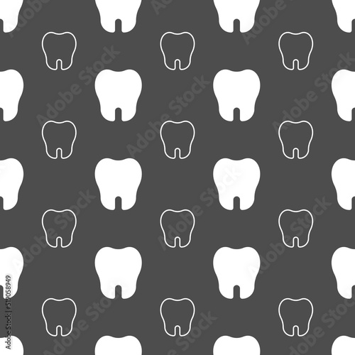 Dentist tooth pattern. Dental wallpaper with smile and molars, hygienists brush care and mouth. Line and white silhouettes on dark backdrop. Wrapping paper. Vector seamless background