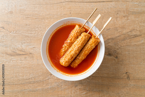 Omuk - Korean fish cake skewer in Korean spicy soup photo