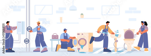 Plumbers team repair toilet, broken sink, fix leakage in washing machine, install boiler. Vector flat illustration of plumbing service workers in home bathroom