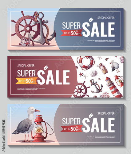 Set of banners with lighthouse, ship's steering wheel, anchor, lifebuoy, sand bottle, corals, seagulls, seashells. Maritime, sea coast, marine life, nautical concept. Vector illustrations.