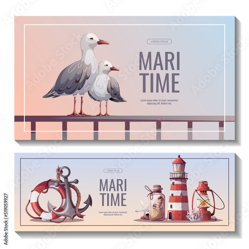 Set of banners with lighthouse, ship's steering wheel, anchor, lifebuoy, sand bottle, corals, seagulls, seashells. Maritime, sea coast, marine life, nautical concept. Vector illustrations.